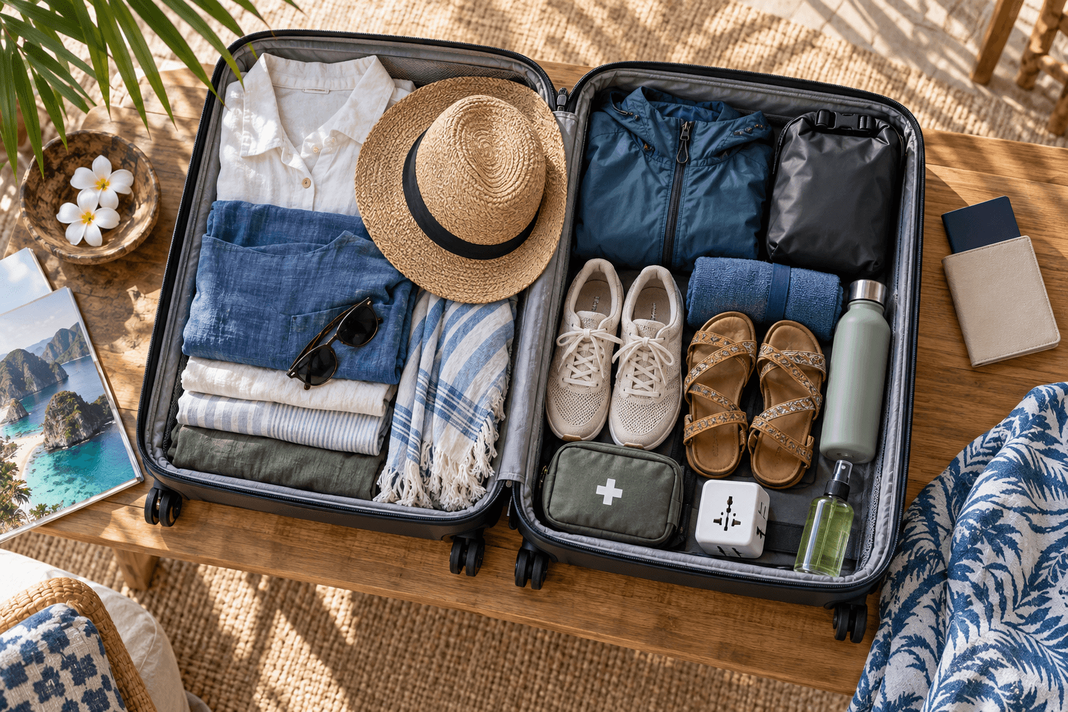 Open suitcase packed with lightweight clothes, shoes, rainwear, a water bottle, and travel essentials for Indonesia