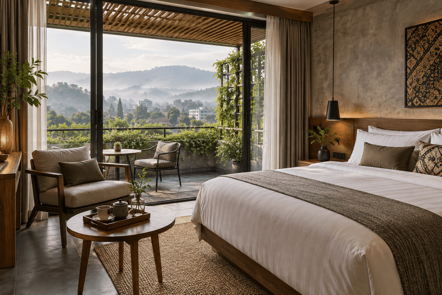Warm contemporary Bandung hotel room with a leafy terrace and misty hillside view