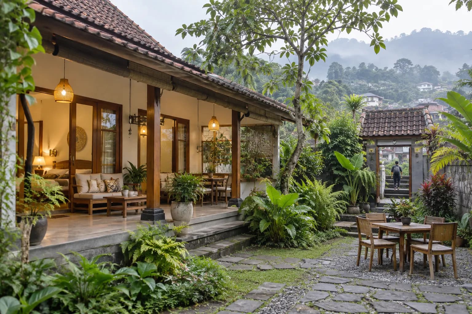 Warm guesthouse courtyard with tropical plants and misty hills near Bandung