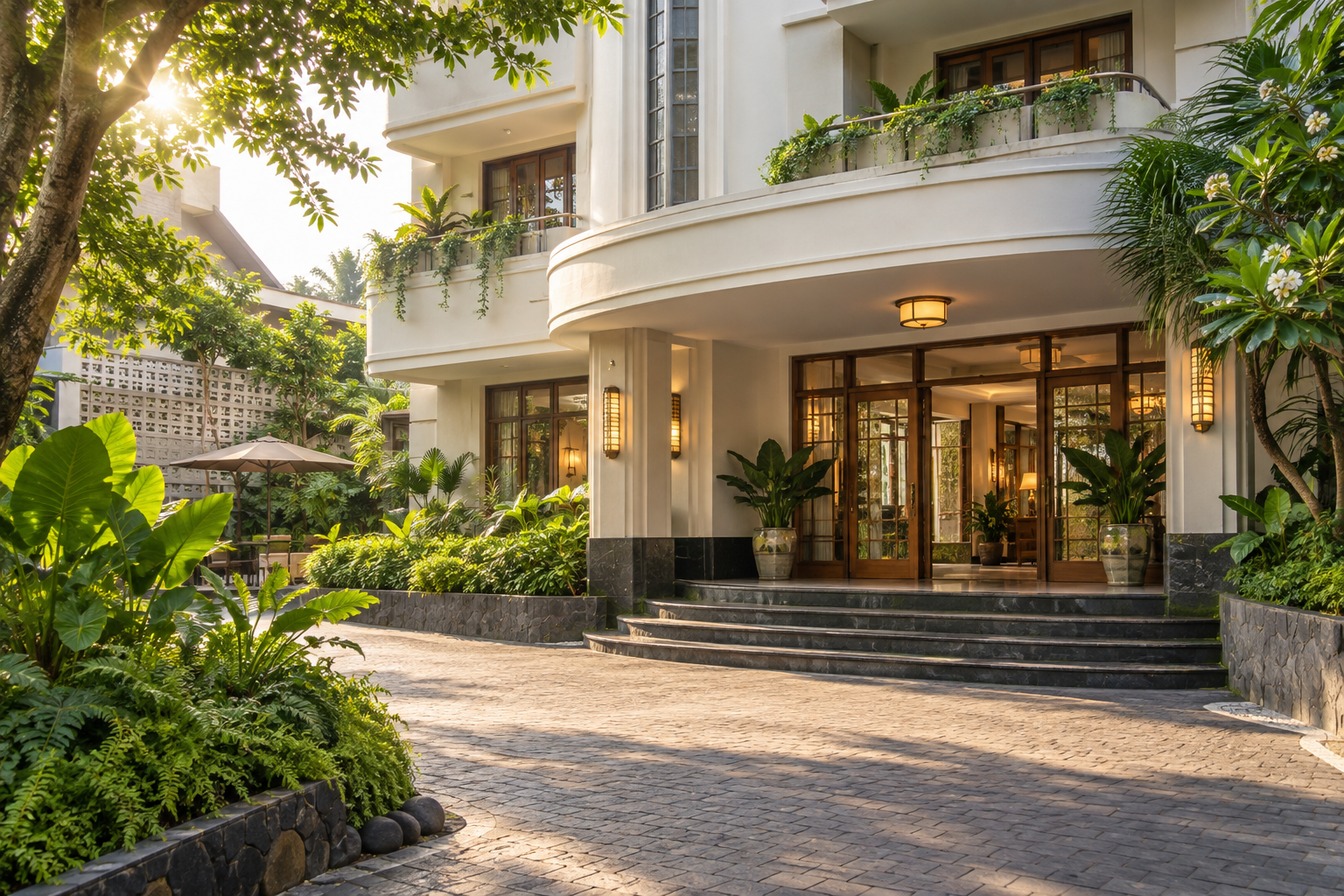 A welcoming tropical hotel entrance in Bandung