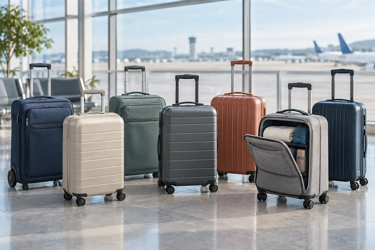 Seven durable cabin-size suitcases arranged inside a bright airport terminal