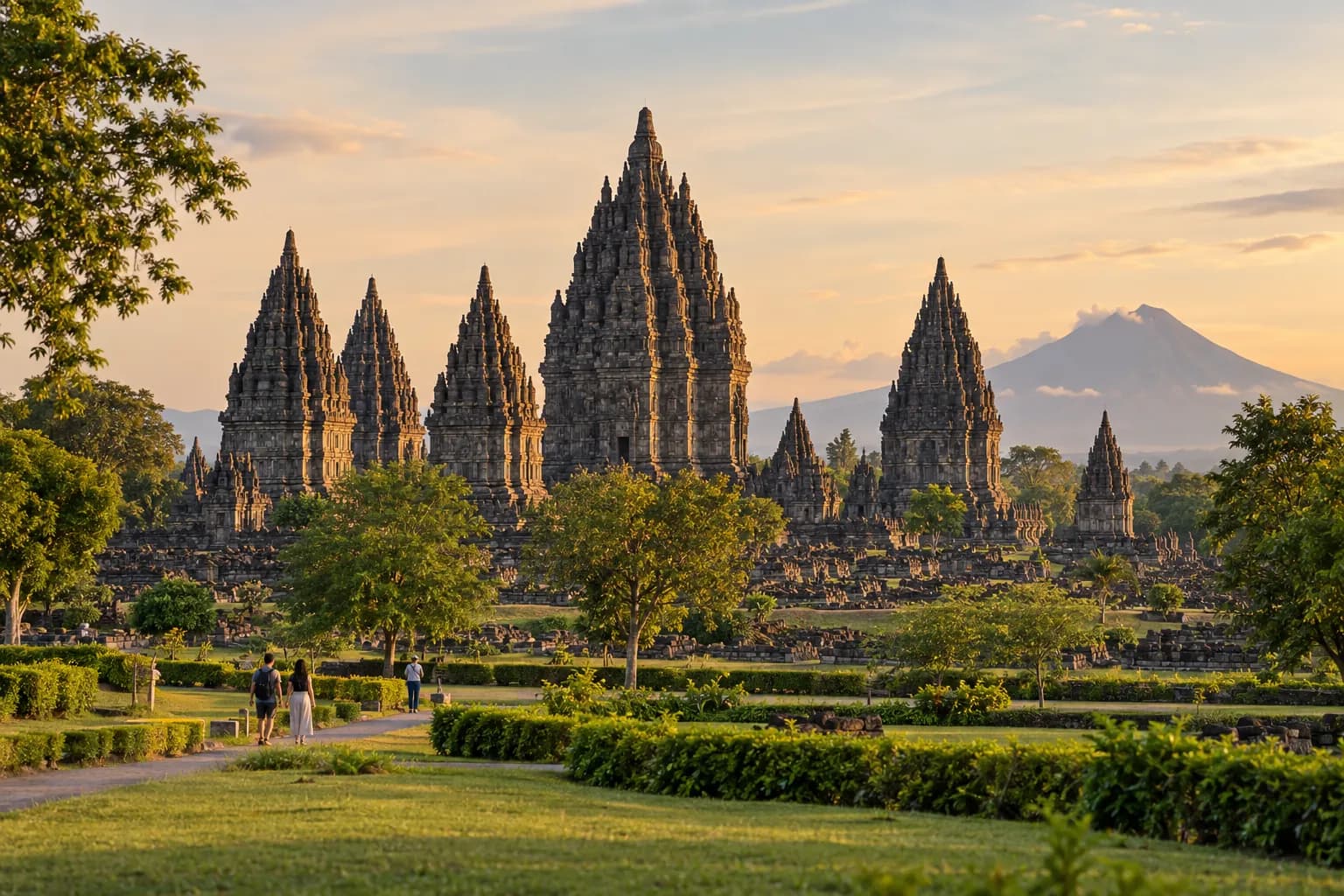 Prambanan Temple complex near Yogyakarta in warm late-afternoon light