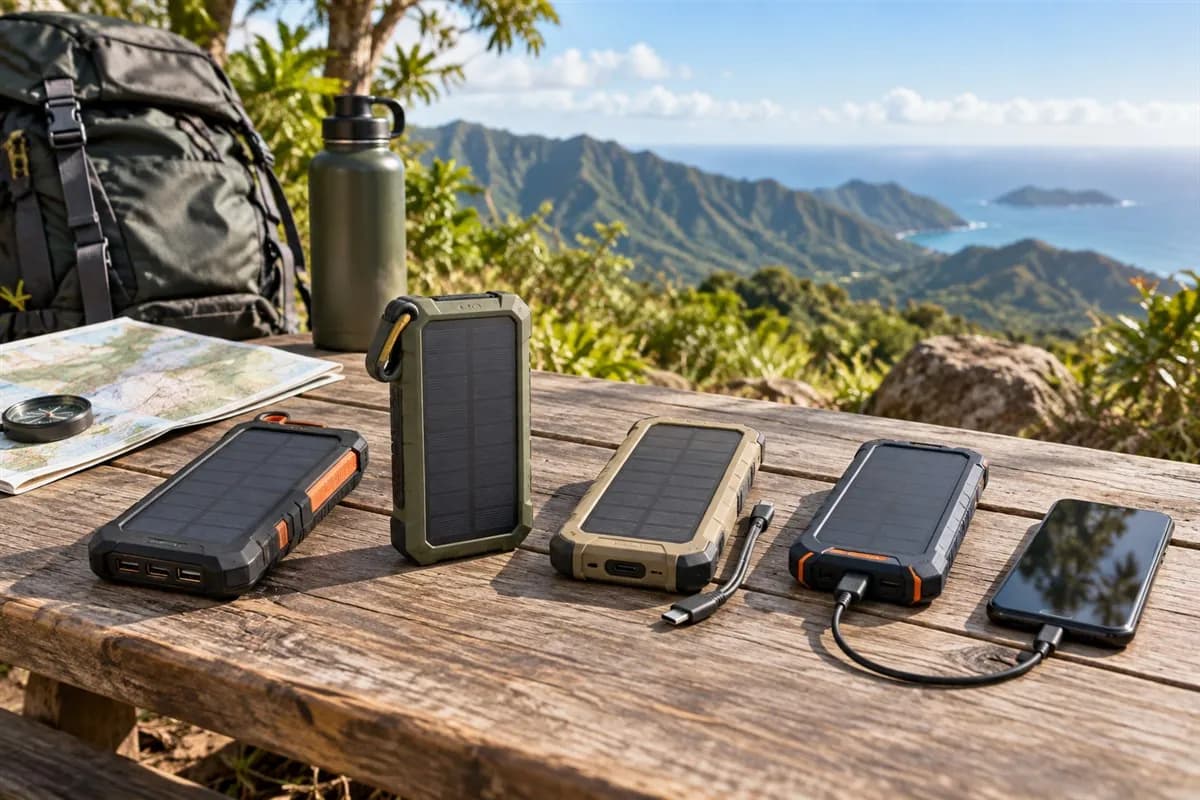 Four rugged solar power banks arranged on a campsite table overlooking a tropical mountain trail