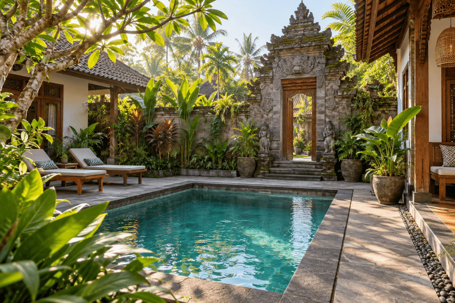 A modest Balinese guesthouse courtyard with tropical plants and a small pool