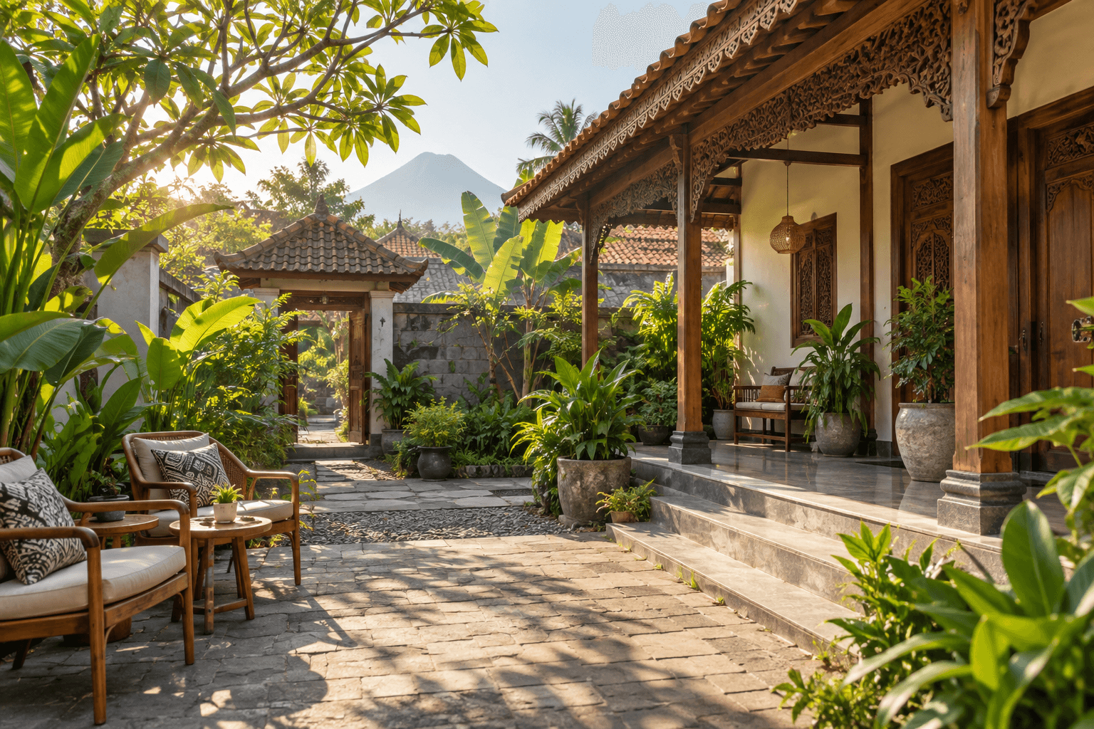 A welcoming budget guesthouse courtyard with Javanese architecture in Yogyakarta