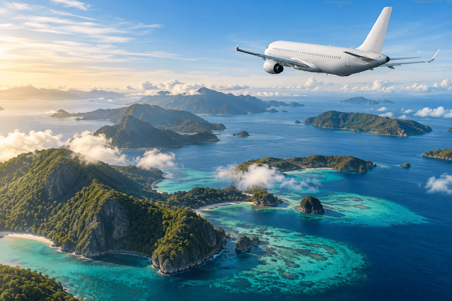 A passenger plane flying over Indonesia's tropical islands