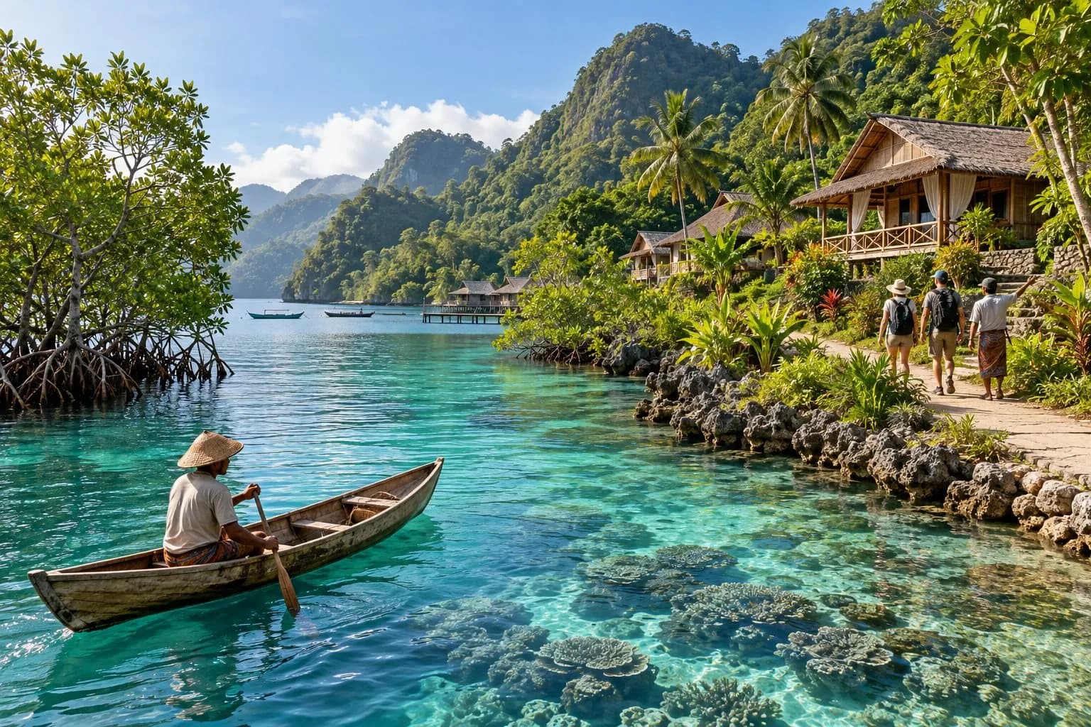 Conceptual image of a small coastal homestay, mangroves and a local boat in an Indonesian tropical landscape