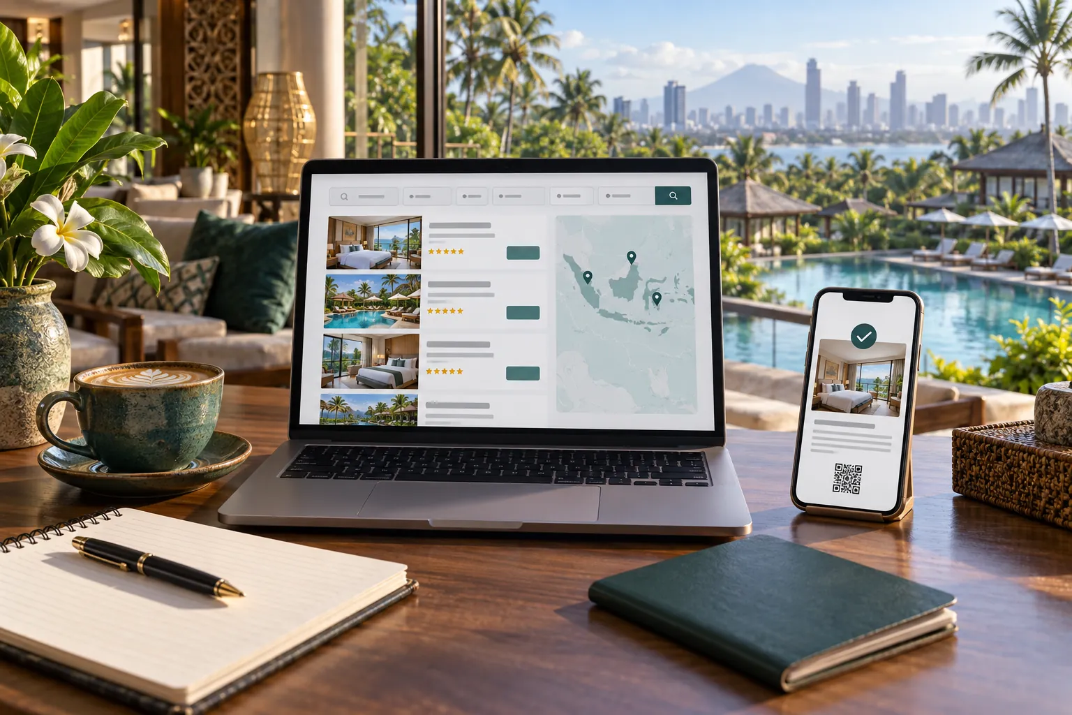 Laptop comparing Indonesian hotel rooms beside a phone displaying a confirmed digital hotel voucher