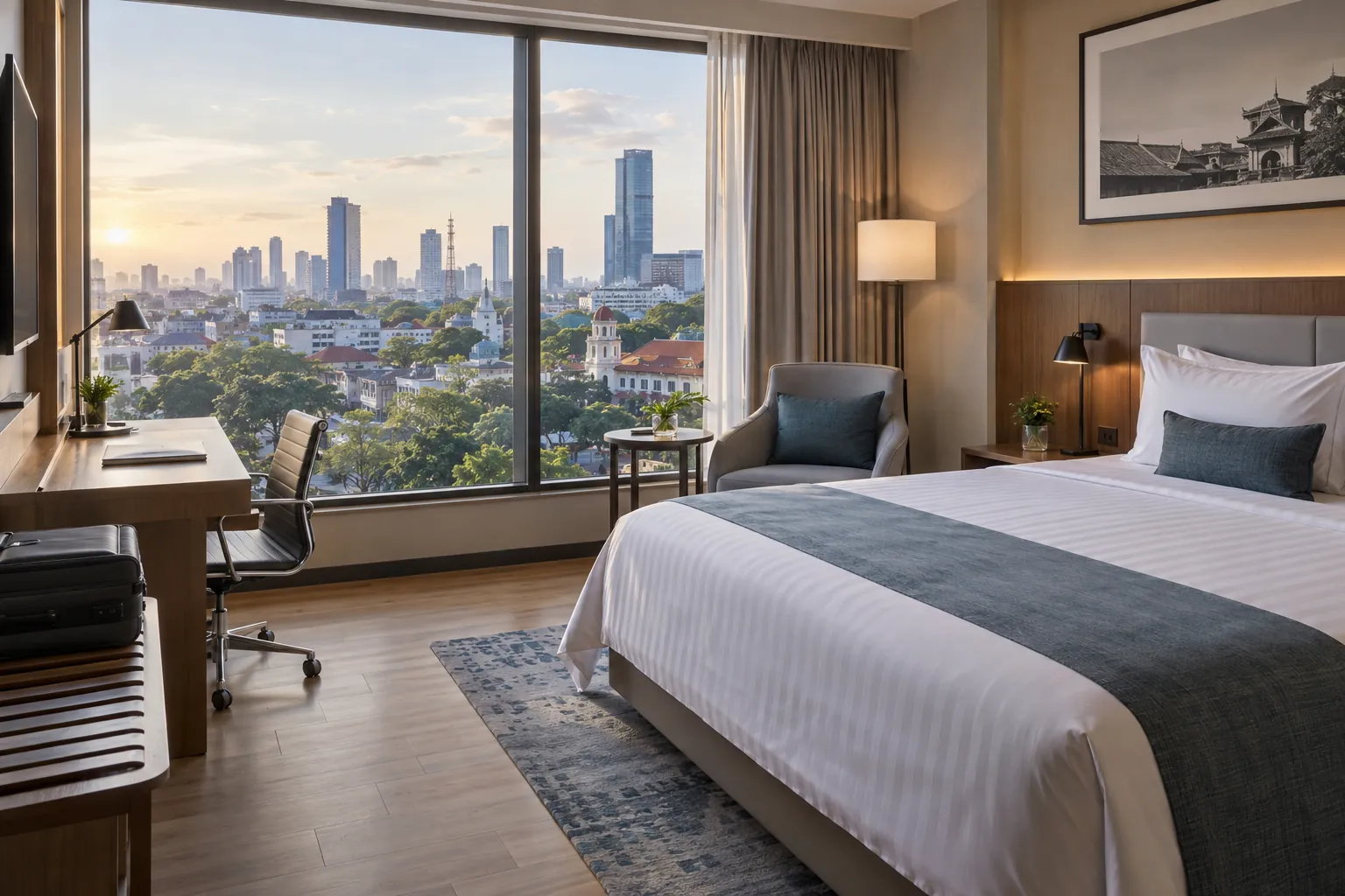 Contemporary hotel room overlooking Surabaya's green boulevards, modern skyline and heritage architecture