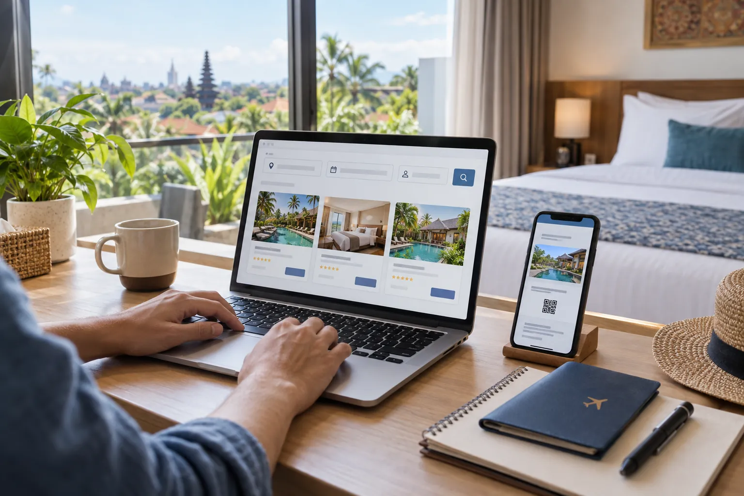 Traveller using a laptop and phone to book an Indonesian hotel online with a secure digital voucher
