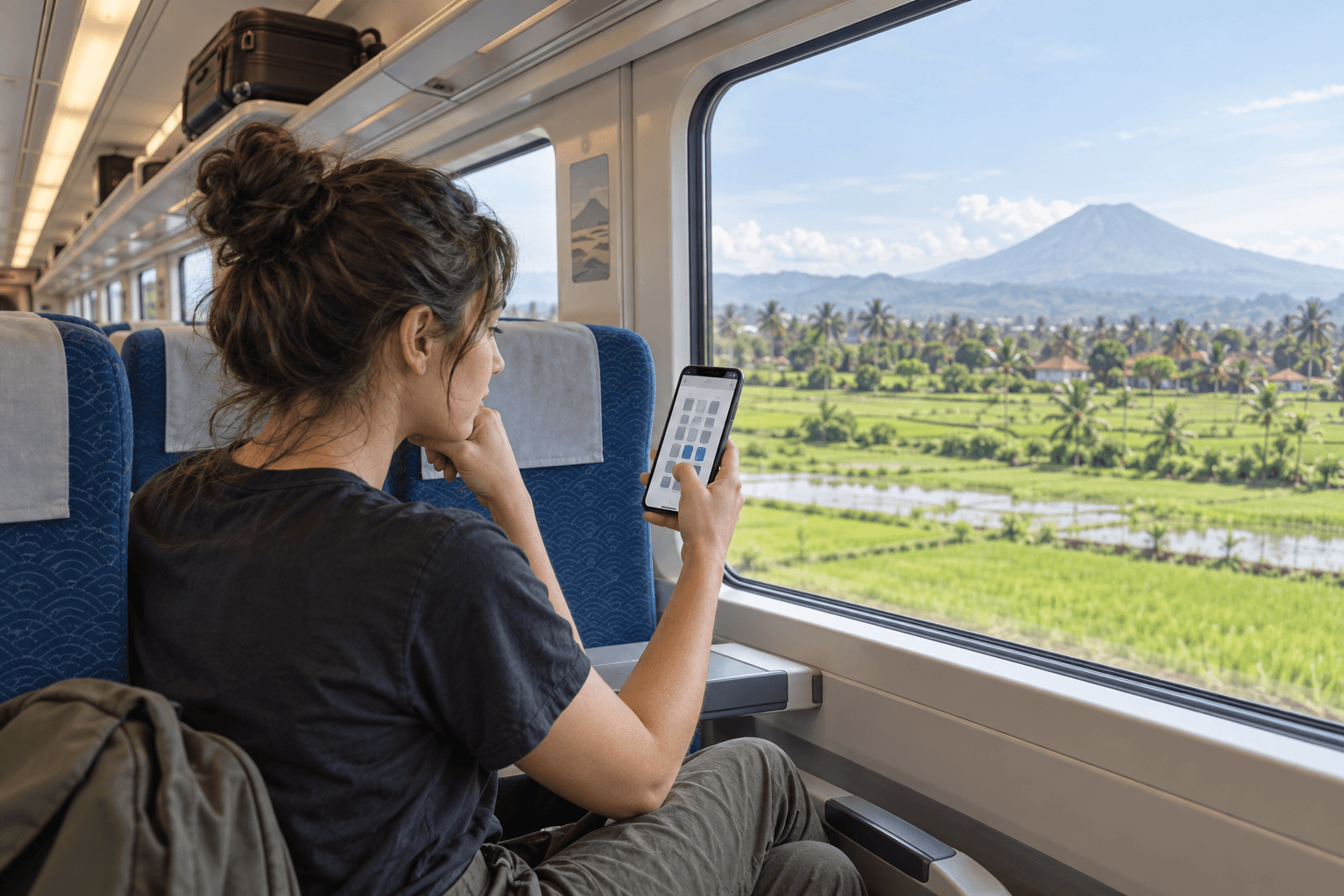 Traveller reviewing a seat map inside an Indonesian intercity train through Java