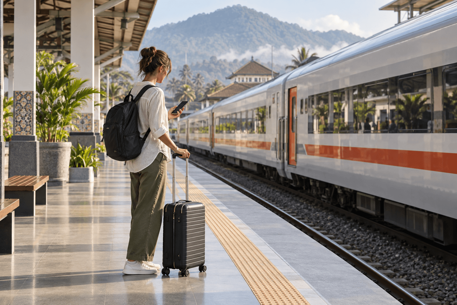 Traveller with luggage checking a phone beside an intercity train at an Indonesian station