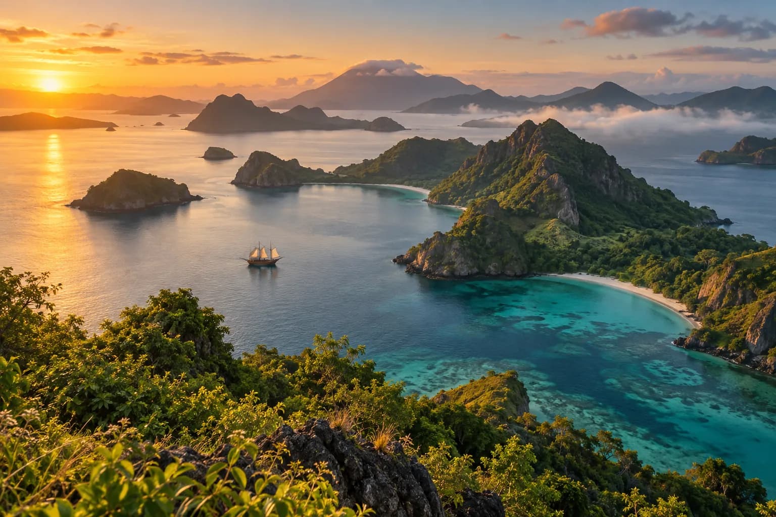 Tropical Indonesian islands and a traditional sailing boat at sunrise