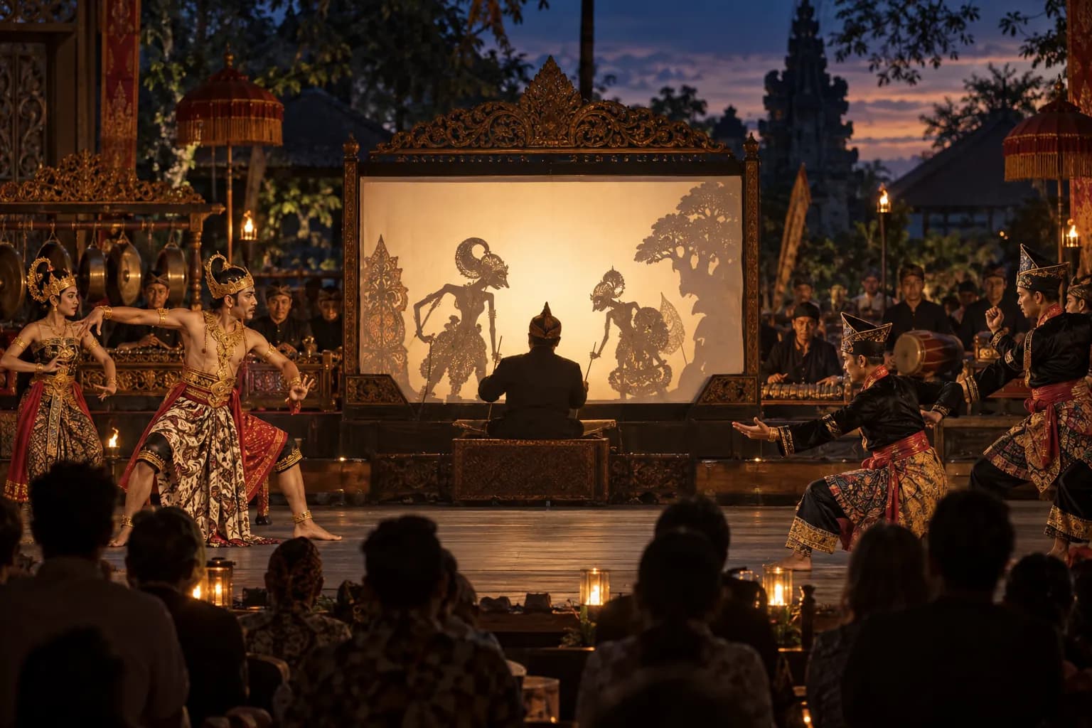 Indonesian theatre performance with a wayang shadow screen, live actors, musicians, and an evening audience