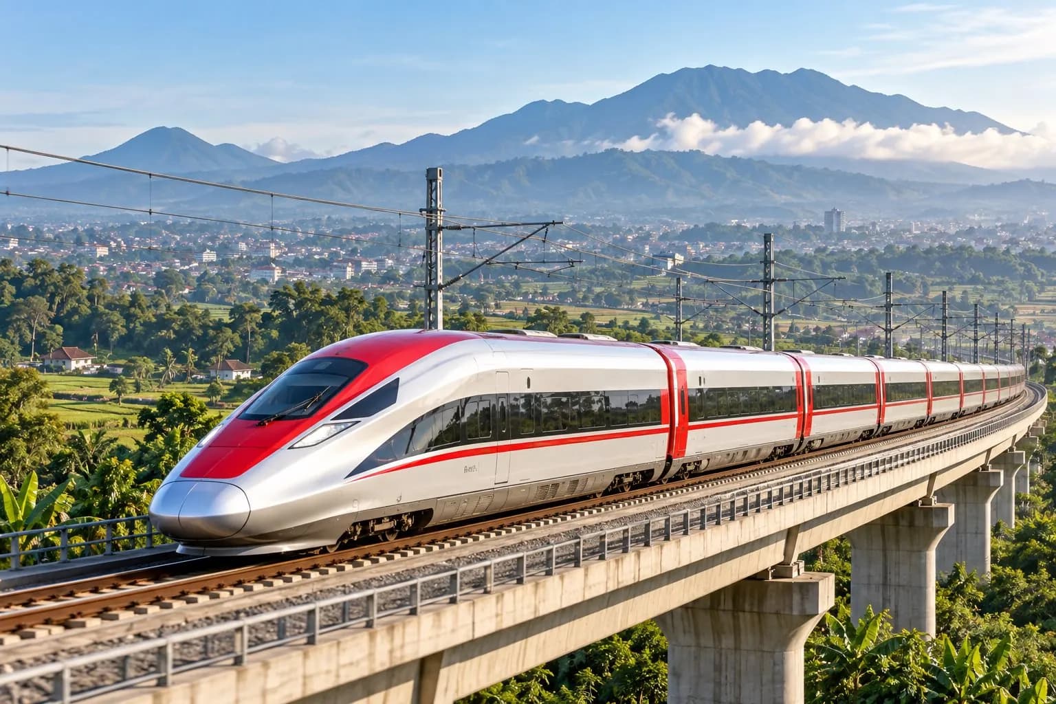 Editorial illustration of a modern high-speed train crossing a viaduct in the green West Java landscape