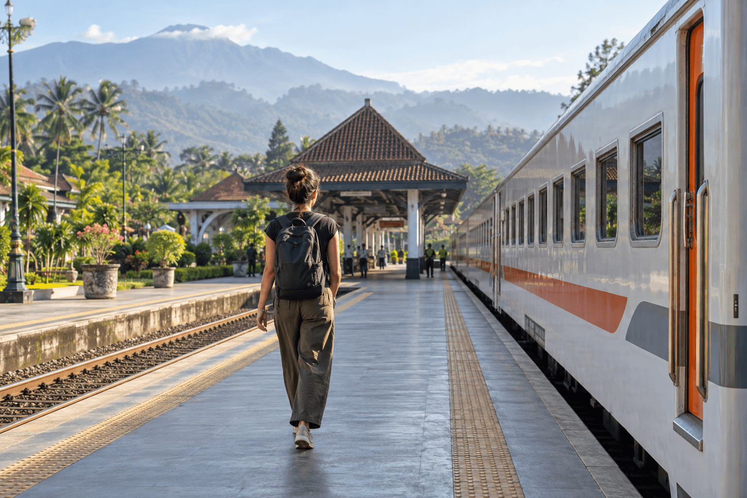 A solo traveller walking beside an intercity train at a station in Java