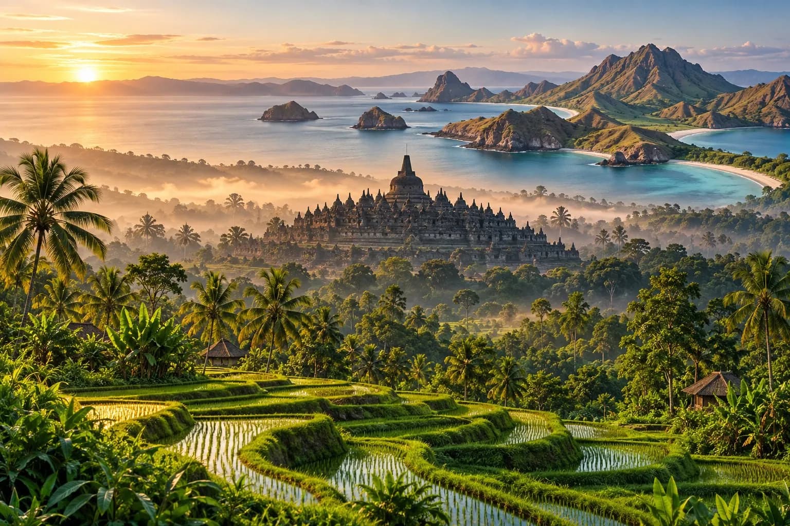 Editorial panorama of Bali rice terraces, Borobudur temple and the island scenery of Komodo National Park