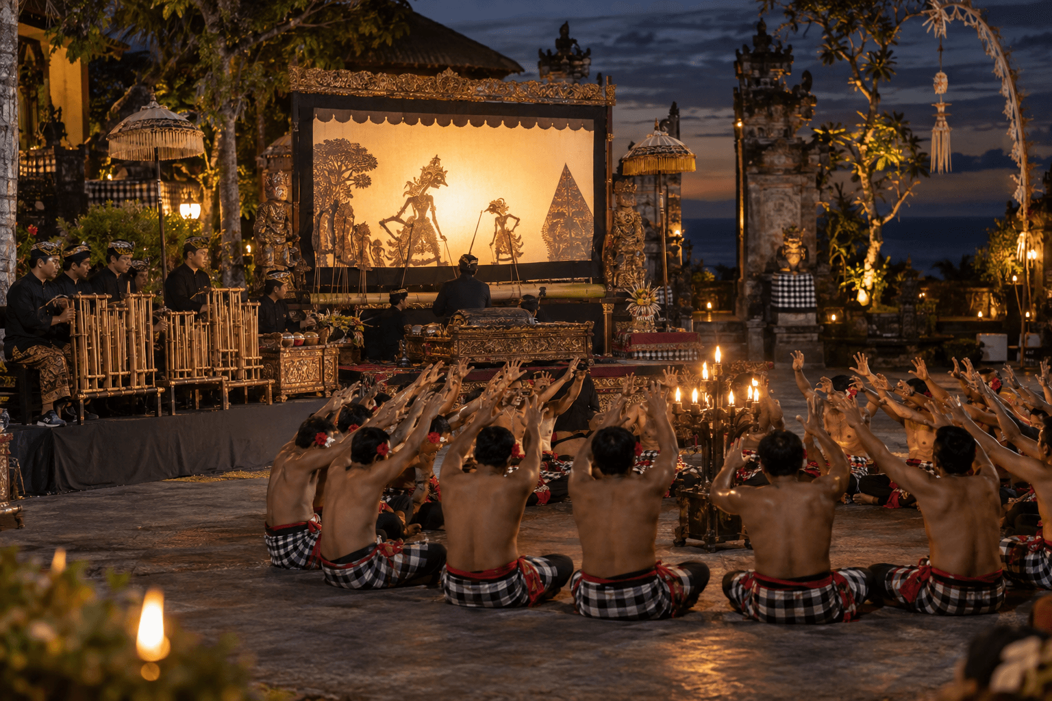 Editorial cultural performance scene inspired by Indonesian wayang, angklung, and Kecak traditions