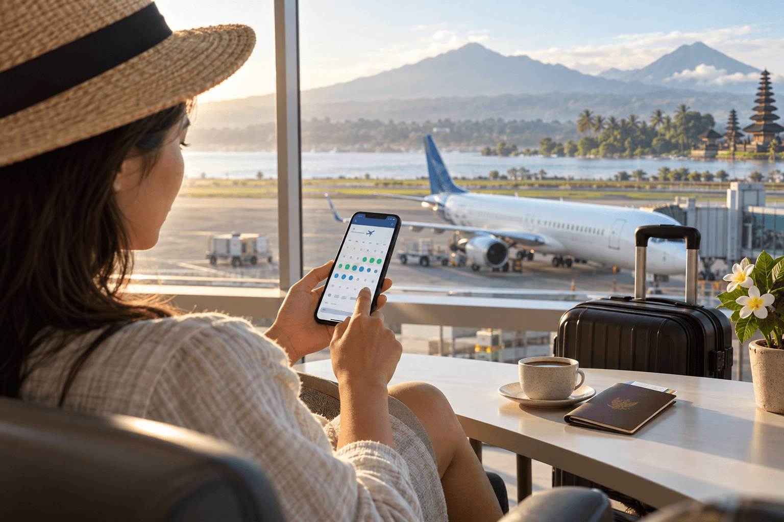 Traveller comparing flight dates on a smartphone beside an airport window in Indonesia