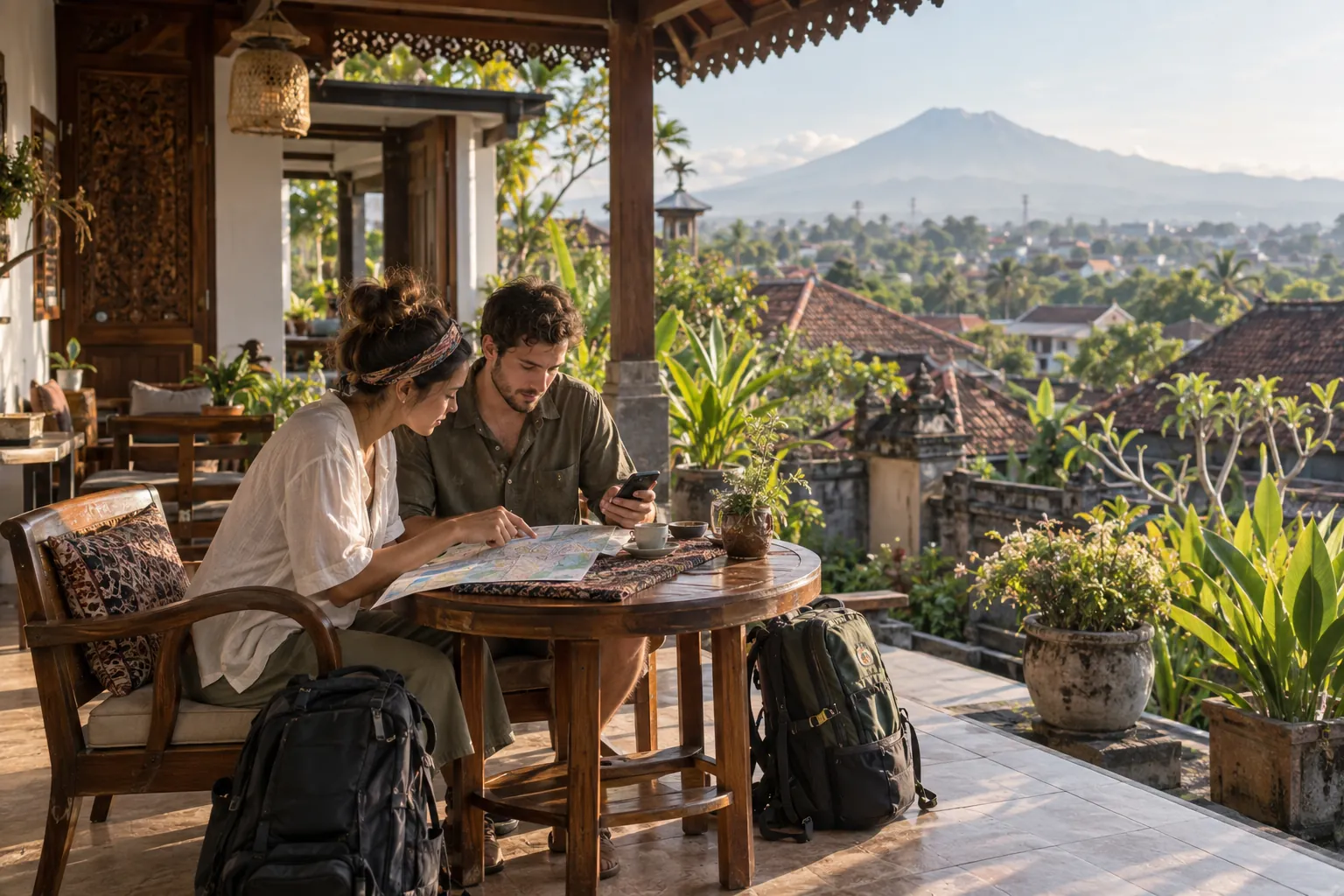 Travellers planning their Yogyakarta stay from a Javanese-style hotel terrace overlooking rooftops and Mount Merapi