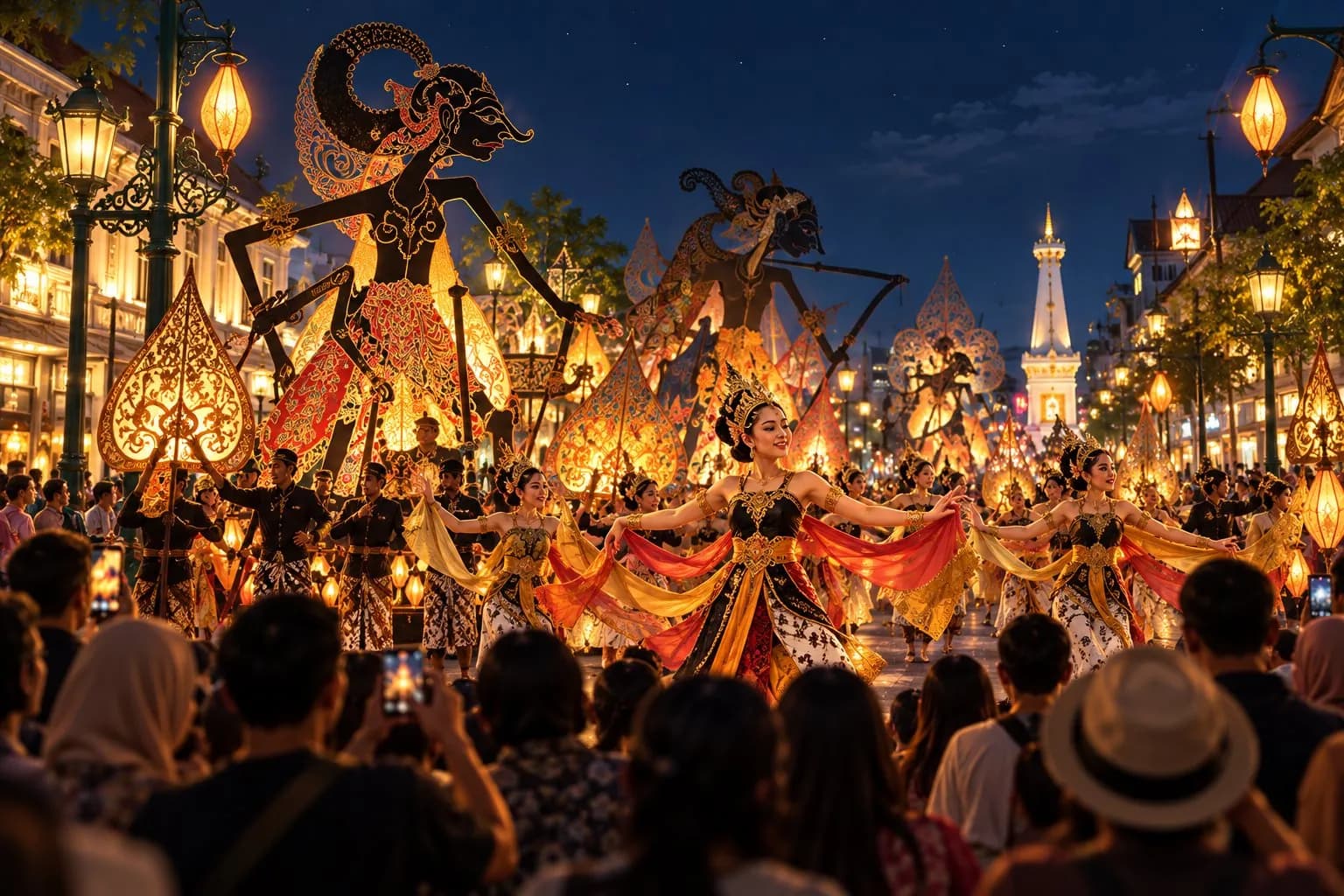Conceptual illustration of a wayang-inspired night parade and spectators on a Yogyakarta street, not a photograph of the WJNC event